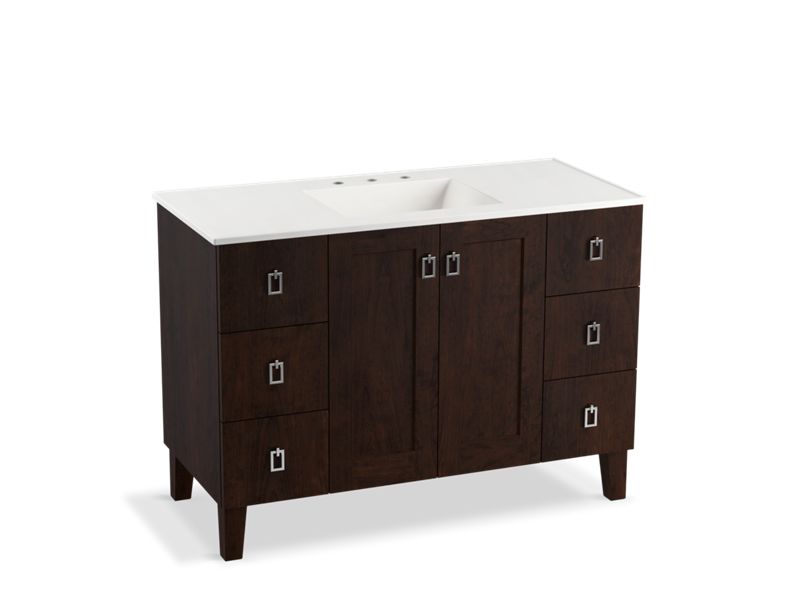KOHLER K-99535-LGSD-1WB Poplin 48" bathroom vanity cabinet with legs, 2 doors and 6 drawers, split top drawers
