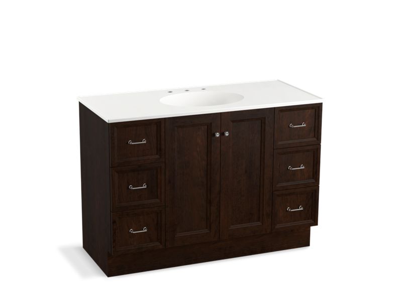 KOHLER K-99522-TKSD-1WB Damask 48" bathroom vanity cabinet with toe kick, 2 doors and 6 drawers, split top drawers