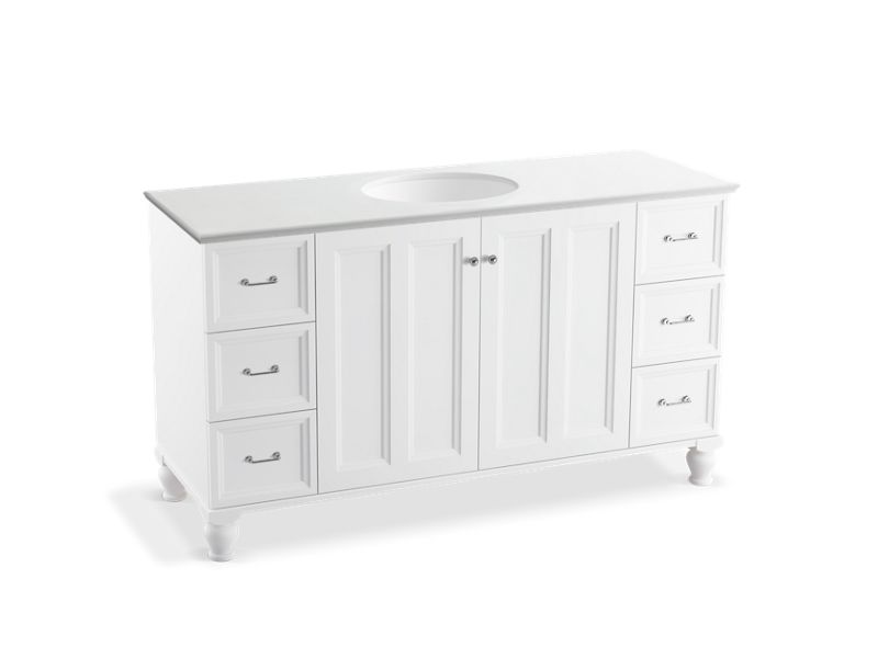 KOHLER K-99523-LG-1WA Damask 60" bathroom vanity cabinet with furniture legs, 2 doors and 6 drawers