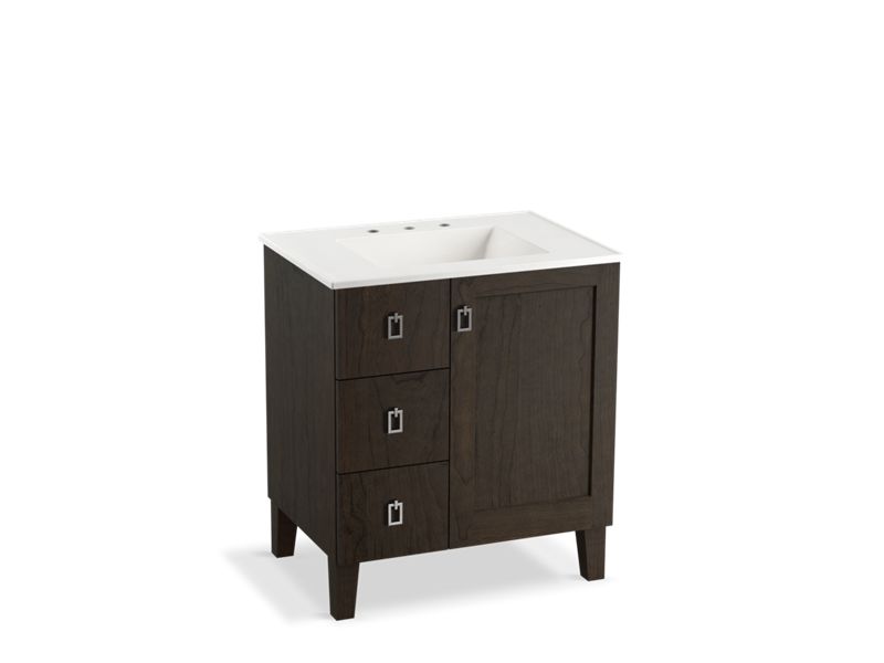 KOHLER K-99530-LGL-1WC Poplin 30" bathroom vanity cabinet with legs, 1 door and 3 drawers on left