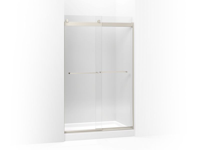 KOHLER 706016-L-NX Levity Sliding Shower Door, 74" H X 44-5/8 - 47-5/8" W, With 3/8" Thick Crystal Clear Glass And Square Towel Bar in Brushed Nickel