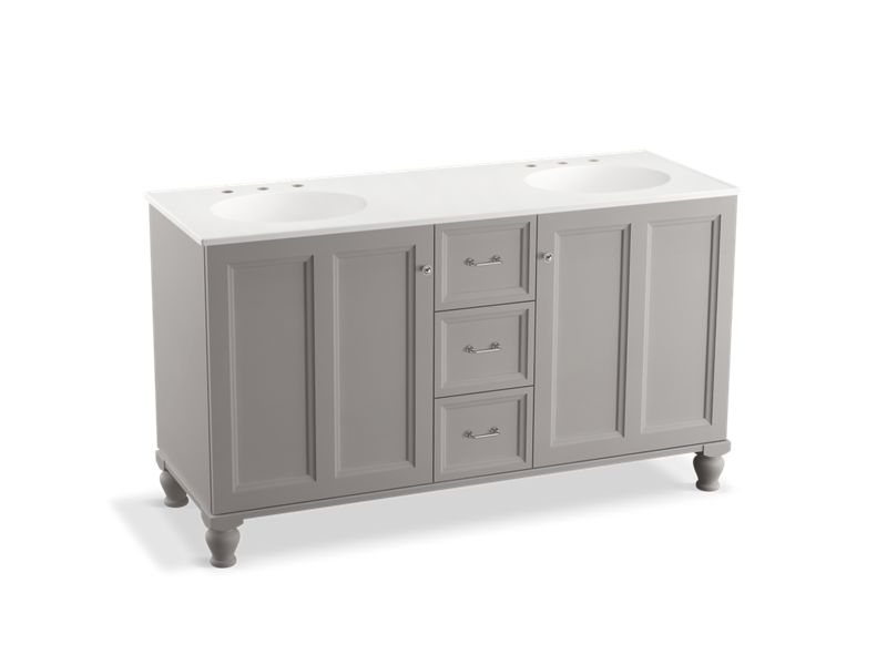 KOHLER K-99524-LGSD-1WT Damask 60" bathroom vanity cabinet with furniture legs, 2 doors and 3 drawers, split top drawer