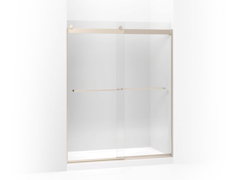 KOHLER 706018-L-ABV Levity Sliding Shower Door, 74" H X 56-5/8 - 59-5/8" W, With 3/8" Thick Crystal Clear Glass And Square Towel Bar in Anodized Brushed Bronze