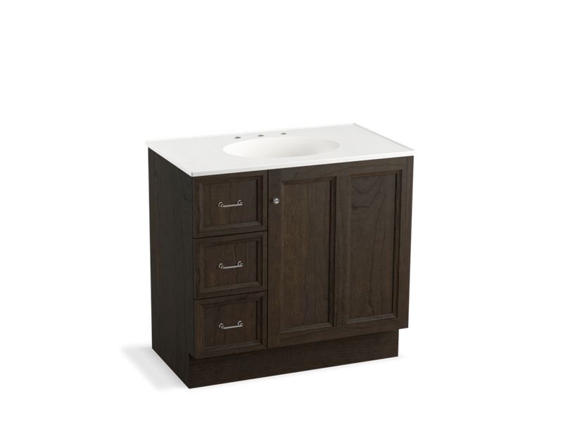 KOHLER K-99520-TKL-1WC Damask 36" bathroom vanity cabinet with toe kick, 1 door and 3 drawers on left
