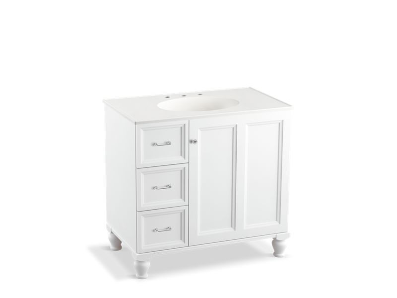 KOHLER K-99520-LGL-1WA Damask 36" bathroom vanity cabinet with furniture legs, 1 door and 3 drawers on left