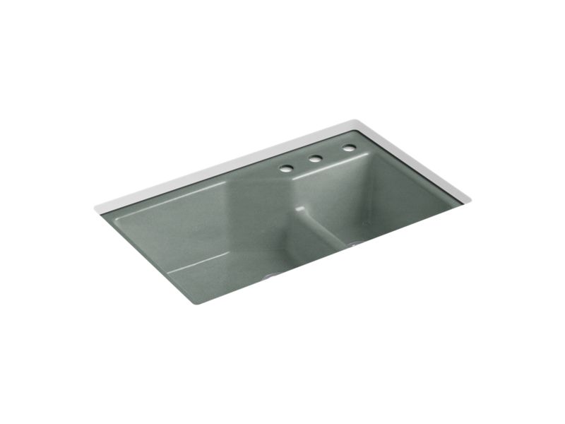 KOHLER K-6411-3 Indio 33" x 21-1/8" x 9-3/4" Smart Divide undermount double-bowl large/small workstation kitchen sink...