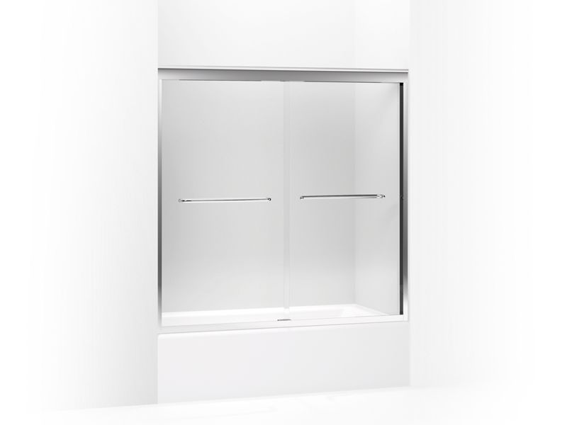 KOHLER 702205-L-SHP Fluence Sliding Bath Door, 58-5/16" H X 56-5/8 - 59-5/8" W, With 3/8" Thick Crystal Clear Glass in Bright Polished Silver