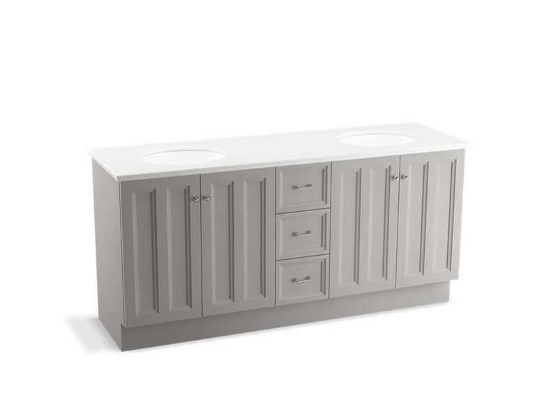 KOHLER K-99525-TKSD-1WT Damask 72" bathroom vanity cabinet with toe kick, 4 doors and 3 drawers, split top drawer