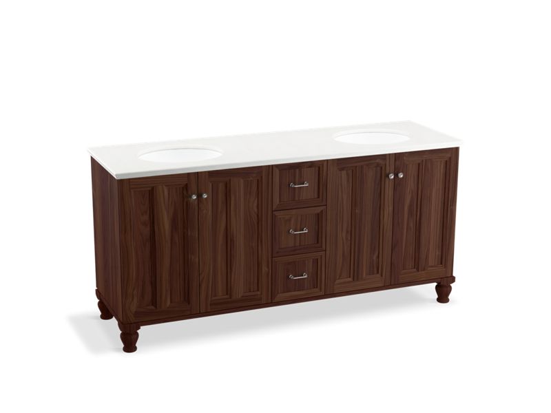 KOHLER K-99525-LGSD-1WE Damask 72" bathroom vanity cabinet with furniture legs, 4 doors and 3 drawers, split top drawer