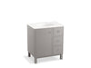 KOHLER K-99504-LGR-1WT Jacquard 30" bathroom vanity cabinet with furniture legs, 1 door and 3 drawers on right
