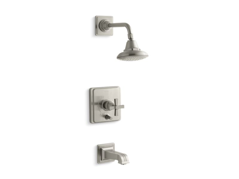 KOHLER K-T13133-3B Pinstripe Rite-Temp pressure-balancing bath and shower faucet trim with cross handle, valve not included