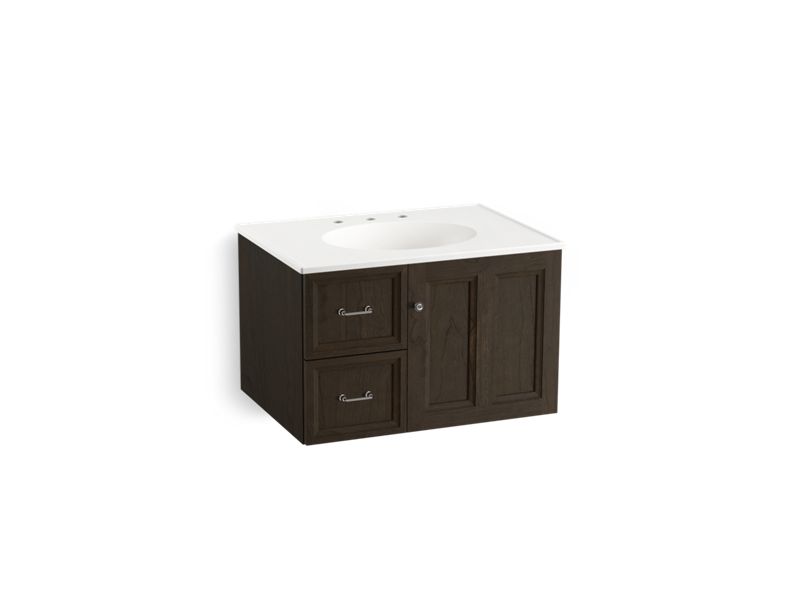 KOHLER K-99517-L-1WC Damask 30" wall-hung bathroom vanity cabinet with 1 door and 2 drawers on left