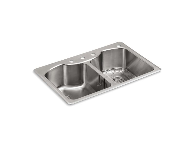 KOHLER 3842-4-NA Octave 33" X 22" X 9-5/16" Dual-Mount Double-Equal Stainless Steel Kitchen Sink With Four Faucet Holes