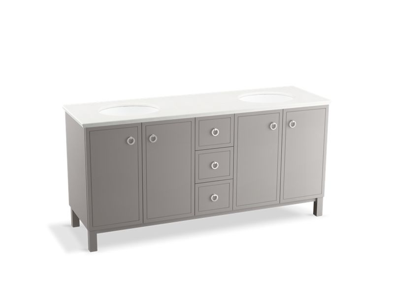 KOHLER K-99512-LGSD-1WT Jacquard 72" bathroom vanity cabinet with furniture legs, 4 doors and 3 drawers, split top drawer