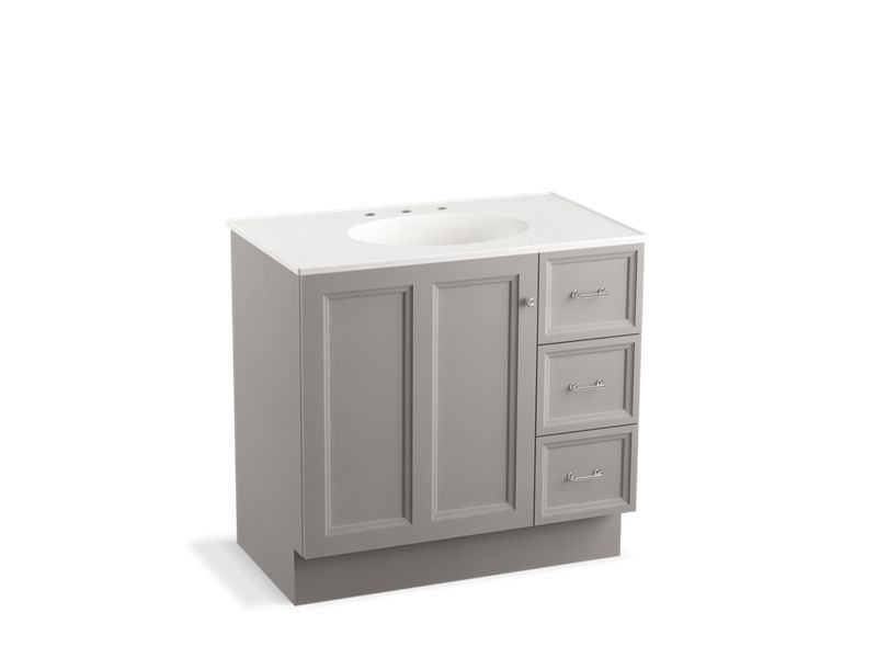 KOHLER K-99520-TKR-1WT Damask 36" bathroom vanity cabinet with toe kick, 1 door and 3 drawers on right