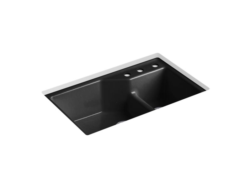 KOHLER K-6411-3 Indio 33" x 21-1/8" x 9-3/4" Smart Divide undermount double-bowl large/small workstation kitchen sink with three-hole faucet holes