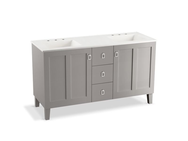 KOHLER K-99537-LGSD-1WT Poplin 60" bathroom vanity cabinet with legs, 2 doors and 3 drawers, split top drawer