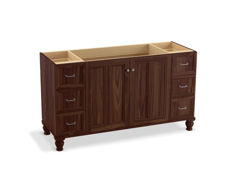KOHLER K-99523-LGSD-1WE Damask 60" bathroom vanity cabinet with furniture legs, 2 doors and 6 drawers, split top drawers