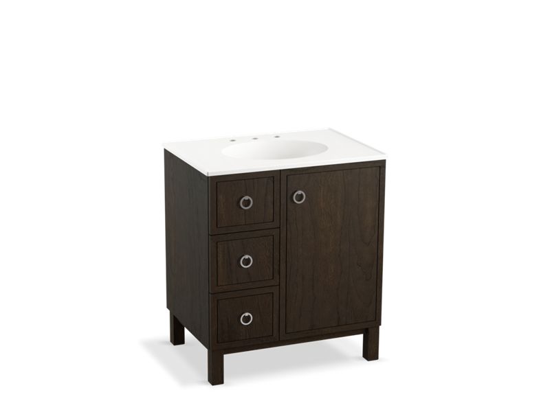KOHLER K-99504-LGL-1WC Jacquard 30" bathroom vanity cabinet with furniture legs, 1 door and 3 drawers on left