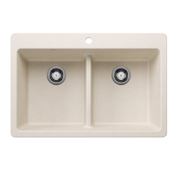 BLANCO Liven SILGRANIT 33" 50/50 Double Bowl Dual Mount Kitchen Sink with Low Divide - Soft White