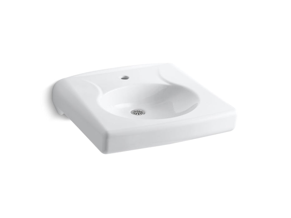 KOHLER K-1997-SS1N Brenham Wall-mount or concealed carrier arm mount commercial bathroom sink with single faucet hole and no overflow, antimicrobial finish