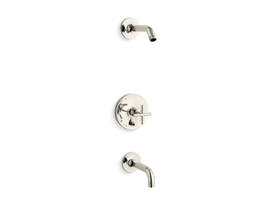 KOHLER Purist Rite-Temp bath and shower trim kit with push-button diverter and cross handle, without showerhead