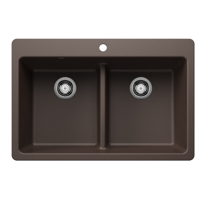 BLANCO Liven SILGRANIT 33" 50/50 Double Bowl Dual Mount Kitchen Sink with Low Divide - Café