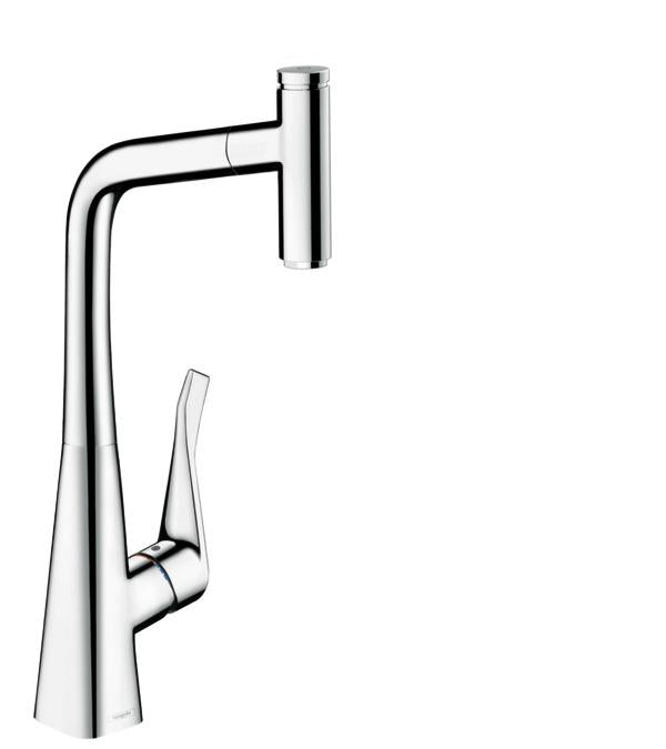 Hansgrohe Metris Select Pull-Out Prep Kitchen Faucet with Select On/Off Push Button in Chrome