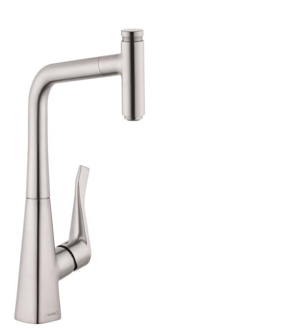 Hansgrohe 14848801 Metris Select Pull-Out Prep Kitchen Faucet with Select On/Off Push Button in Steel Optic