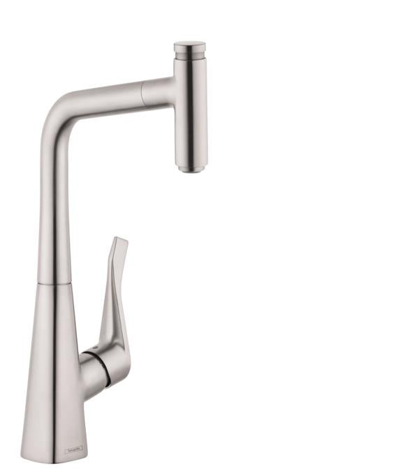 Hansgrohe Metris Select Pull-Out Prep Kitchen Faucet with Select On/Off Push Button in Steel Optic