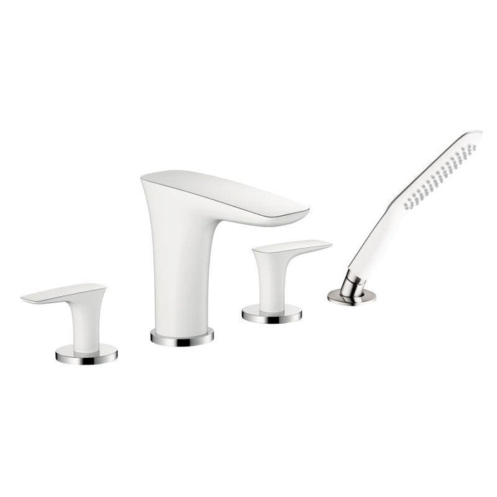 Hansgrohe Pura Vida Roman Tub Filler Faucet with Diverter Metal Lever Handles and 2.0 GPM Single Function Hand Shower Less Valve in Chrome/White