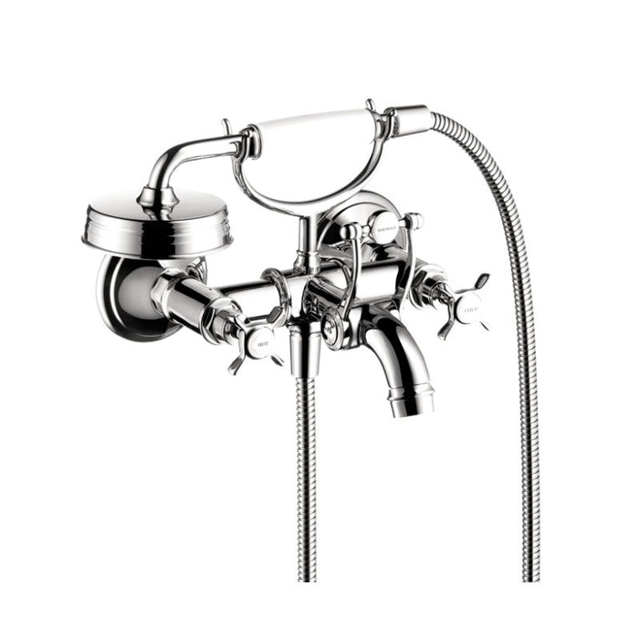 Axor Montreux Roman Tub Filler Faucet Wall Mounted with Diverter Metal Cross Handles and 2.5 GPM Single Function Hand Shower Less Valve in Chrome