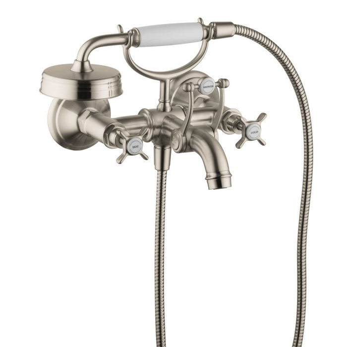 Axor Montreux Roman Tub Filler Faucet Wall Mounted with Diverter Metal Cross Handles and 2.5 GPM Single Function Hand Shower Less Valve in Brushed Nickel