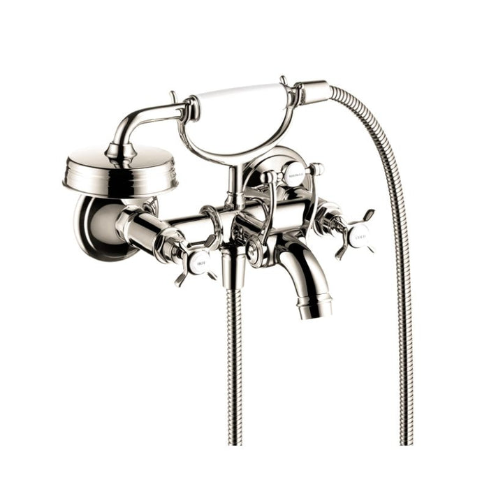 Axor Montreux Roman Tub Filler Faucet Wall Mounted with Diverter Metal Cross Handles and 2.5 GPM Single Function Hand Shower Less Valve in Polished Nickel