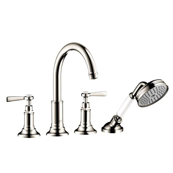 Axor Montreux Roman Tub Filler Faucet Deck Mounted with Diverter Metal Lever Handles and 2.5 GPM Single Function Hand Shower Less Valve in Polished Nickel
