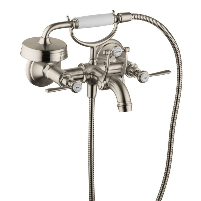 Axor Montreux Roman Tub Filler Faucet Wall Mounted with Diverter Metal Lever Handles and 2.5 GPM Single Function Hand Shower Less Valve in Brushed Nickel