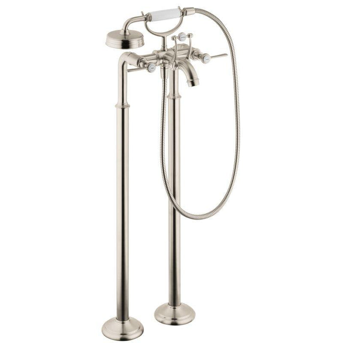 Axor Montreux Roman Tub Filler Faucet Freestanding with Diverter Metal Lever Handles 50" Techniflex Hose and 2.5 GPM Single Function Hand Shower Less Valve in Brushed Nickel