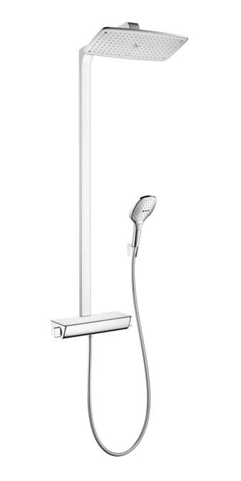 Hansgrohe Raindance Select Showerpipe with Rain Shower Head, Multi-Function Hand Shower and Glass Shelf in Chrome