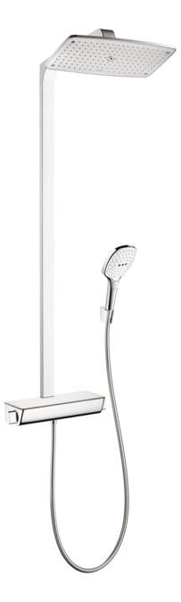 Hansgrohe Raindance Select Showerpipe with Rain Shower Head, Multi-Function Hand Shower and Glass Shelf in Chrome/White