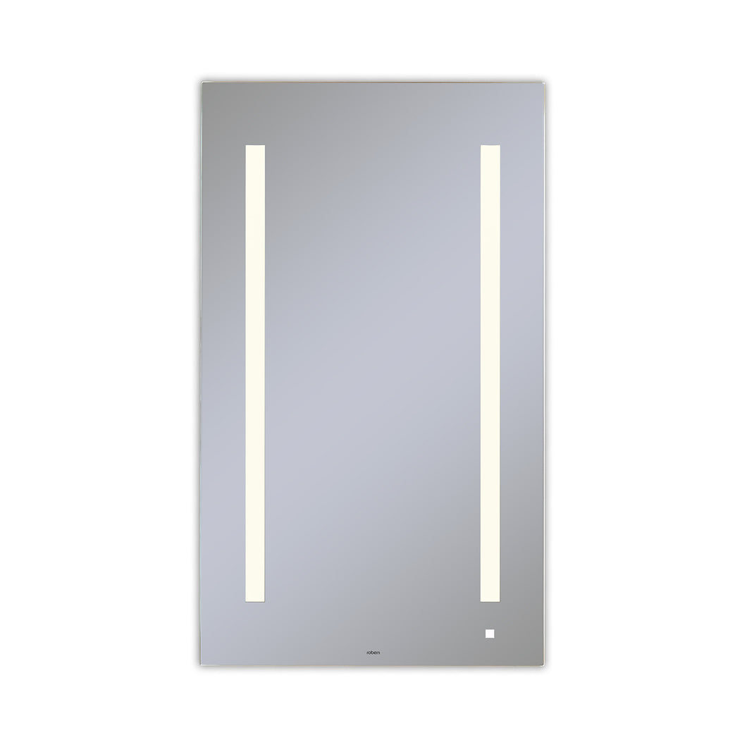 AiO 23-1/8" x 39-1/4" x 1-1/2" lighted mirror with LUM lighting at 2700 kelvin temperature (warm light), dimmable, USB charging ports and OM Audio
