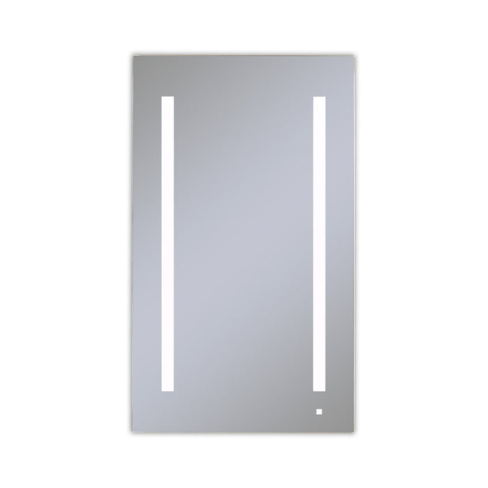 AiO 23-1/4" x 40" x 4" single door lighted cabinet with LUM LED lighting at 4000 kelvin temperature (cool light), dimmable, built-in OM Audio, interior lighting, electrical outlet, USB charging ports, magnetic storage strip and left hinge