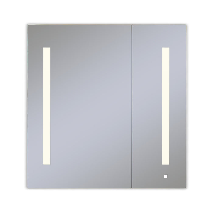 AiO 29-1/4" x 30" x 4" two door lighted cabinet with large door at left with LUM LED lighting at 2700 kelvin temperature (warm light), dimmable, built-in OM Audio, interior lighting, electrical outlet, USB charging ports and magnetic storage strip