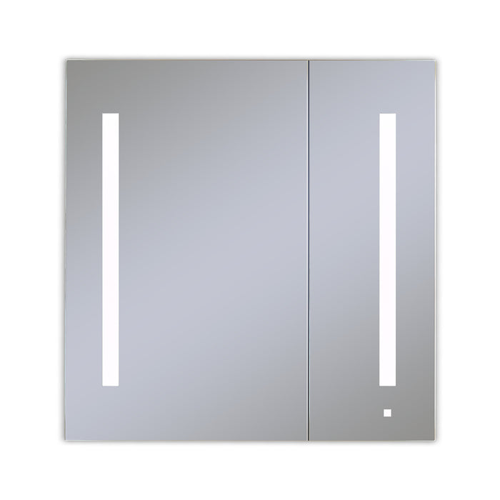 AiO 29-1/4" x 30" x 4" two door lighted cabinet with large door at left with LUM LED lighting at 4000 kelvin temperature (cool light), dimmable, built-in OM Audio, interior lighting, electrical outlet, USB charging ports and magnetic storage strip