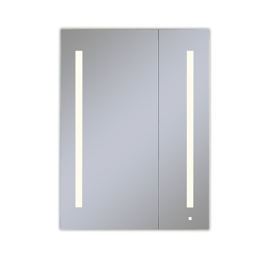AiO 29-1/4" x 40" x 4" two door lighted cabinet with large door at left with LUM LED lighting at 2700 kelvin temperature (warm light), dimmable, built-in OM Audio, interior lighting, electrical outlet, USB charging ports and magnetic storage strip