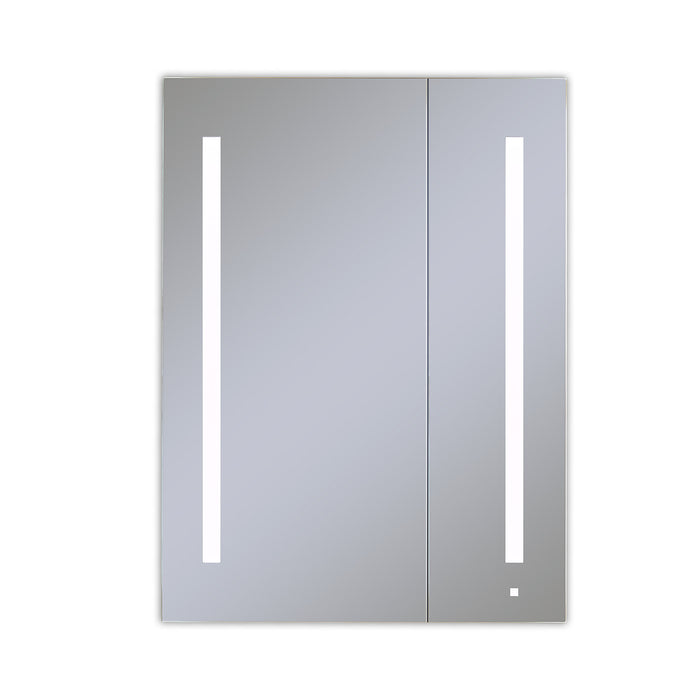 AiO 29-1/4" x 40" x 4" two door lighted cabinet with large door at left with LUM LED lighting at 4000 kelvin temperature (cool light), dimmable, interior lighting, electrical outlet, USB charging port and magnetic storage strip