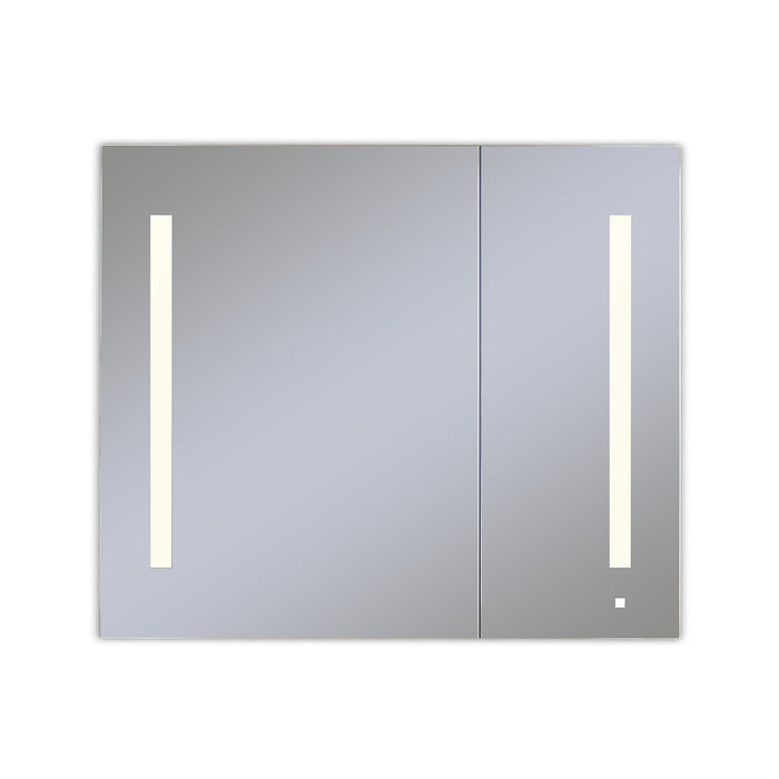 AiO 35-1/4" x 30" x 4" two door lighted cabinet  with large door at left with LUM LED lighting at 2700 kelvin temperature (warm light), dimmable, built-in OM Audio, interior lighting, electrical outlet, USB charging ports and magnetic storage strip