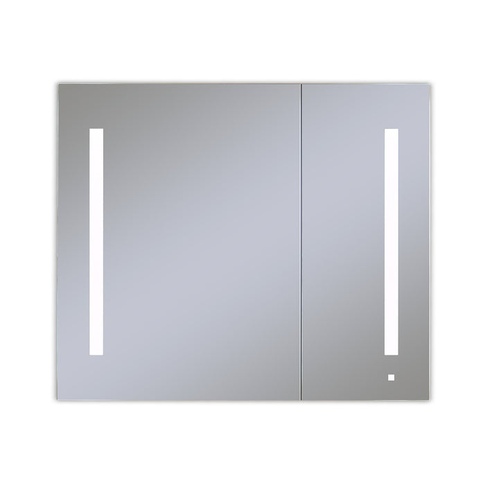 AiO 35-1/4" x 30" x 4" two door lighted cabinet  with large door at left with LUM LED lighting at 4000 kelvin temperature (cool light), dimmable, built-in OM Audio, interior lighting, electrical outlet, USB charging ports and magnetic storage strip