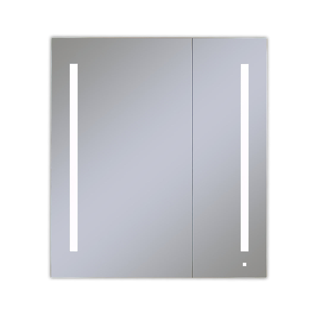 AiO 35-1/4" x 40" x 4" two door lighted cabinet  with large door at left with LUM LED lighting at 4000 kelvin temperature (cool light), dimmable, built-in OM Audio, interior lighting, electrical outlet, USB charging ports and magnetic storage strip