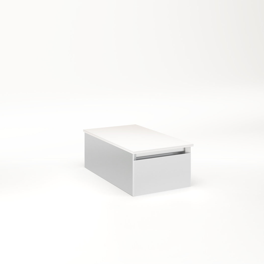 Cartesian 12-1/8" x 7-1/2" x 21-3/4" slim drawer vanity in satin white with slow-close full drawer and no night light
