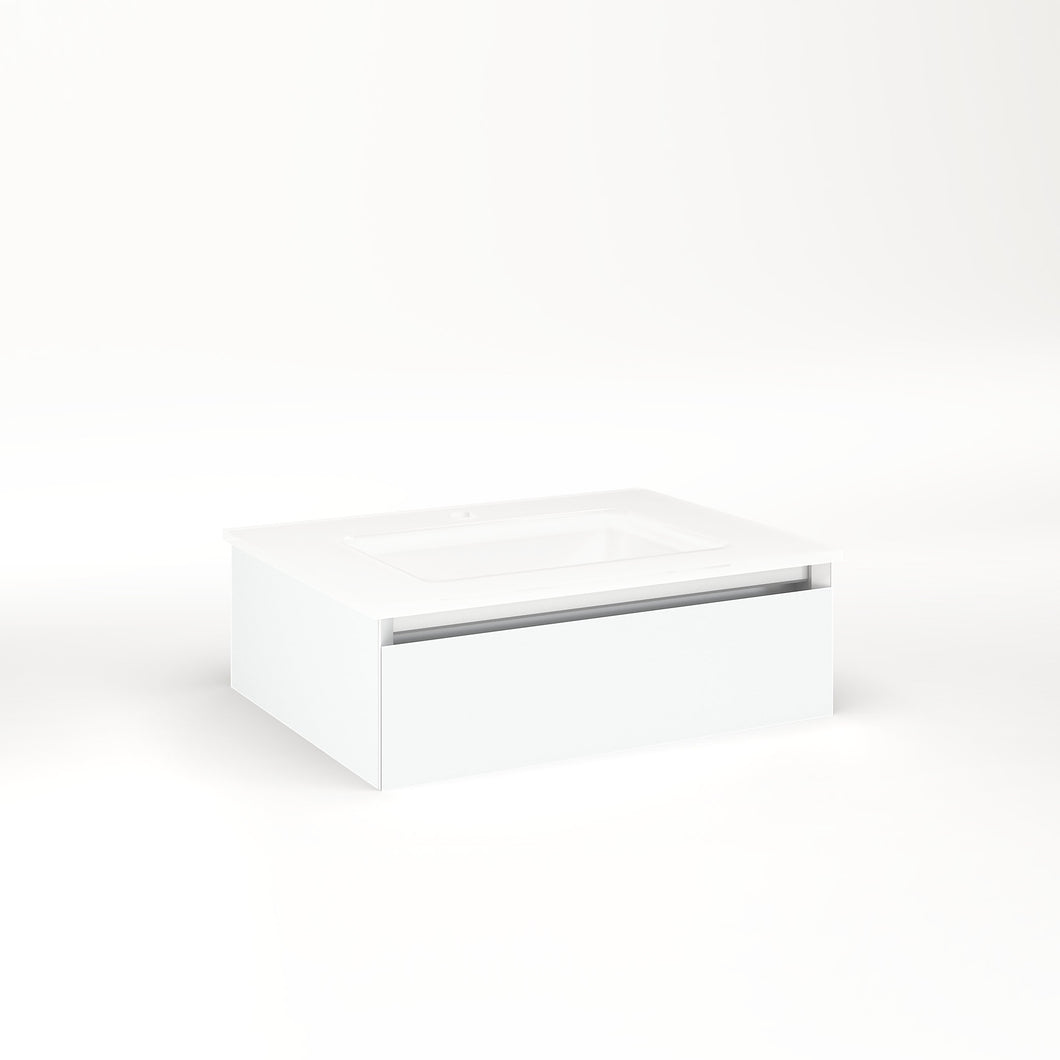 Cartesian 24-1/8" x 7-1/2" x 18-3/4" slim drawer vanity in matte white with slow-close plumbing drawer and no night light
